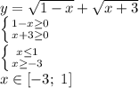 y= \sqrt{1-x} + \sqrt{x+3} 
\\\
 \left \{ {{1-x \geq 0} \atop {x+3 \geq 0}} \right. 
\\\
 \left \{ {{x \leq 1} \atop {x \geq -3}} \right. 
\\\
x\in [-3;\ 1]