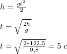 h=\frac{gt^2}{2}
\\\\t=\sqrt{\frac{2h}{g}}
\\\\t=\sqrt{\frac{2*122,5}{9,8}}=5\ c