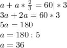 a+a* \frac{2}{3}=60|*3\\
3a+2a=60*3\\
5a=180\\
a=180:5\\a=36