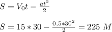 S=V_{0}t-\frac{at^2}{2}
\\\\S=15*30-\frac{0,5*30^2}{2}=225\ M