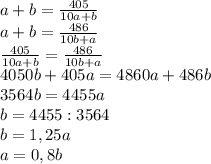 a+b= \frac{405}{10a+b} \\
a+b= \frac{486}{10b+a} \\
 \frac{405}{10a+b}= \frac{486}{10b+a} \\
4050b+405a=4860a+486b\\
3564b=4455a\\
b=4455:3564\\
b=1,25a\\
a=0,8b\\
