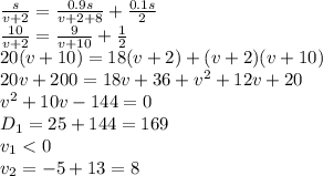 \frac{s}{v+2}= \frac{0.9s}{v+2+8} + \frac{0.1s}{2} 
\\\
 \frac{10}{v+2}= \frac{9}{v+10} + \frac{1}{2} 
\\\
20(v+10)=18(v+2)+(v+2)(v+10)
\\\
20v+200=18v+36+v^2+12v+20
\\\
v^2+10v-144=0
\\\
D_1=25+144=169
\\\
v_1<0
\\\
v_2=-5+13=8