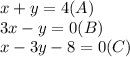 x+y=4(A)\\
3x-y=0(B)\\
x-3y-8=0(C)\\