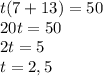 t(7+13)=50 \\
20t=50 \\
2t=5 \\
t=2,5