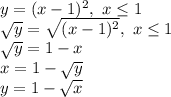 y=(x-1)^2, \ x \leq 1
\\\
 \sqrt{y} = \sqrt{(x-1)^2} , \ x \leq 1
\\\
 \sqrt{y} =1-x
\\\
x=1- \sqrt{y}
\\\
y=1- \sqrt{x}