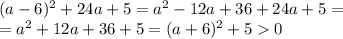 (a-6)^2+24a+5=a^2-12a+36+24a+5=
\\\
=a^2+12a+36+5=(a+6)^2+50