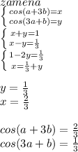 zamena\\
 \left \{ {{cos(a+3b)=x} \atop {cos(3a+b)=y}} \right. 
\\
 \left \{ {{x+y=1} \atop {x-y=\frac{1}{3}}} \right. \\
 \left \{ {{1-2y=\frac{1}{3}} \atop {x=\frac{1}{3}+y}} \right.\\
\\
y=\frac{1}{3}\\
x=\frac{2}{3}\\
\\
cos(a+3b)=\frac{2}{3}\\
cos(3a+b) = \frac{1}{3}\\
\\

