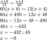 \frac{x+8}{12}=\frac{x+4}{60}\\\
60(x+8)=12(x+4)\\\
60x+480=12x+48\\\
60x -12x=48-480\\\
48x=-432\\\ x=-432:48\\\ x=-9