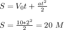 S = V_0t+\frac{at^2}{2}
\\\\S = \frac{10*2^2}{2} = 20\ M