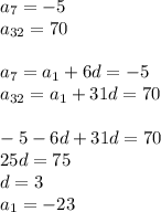 a_{7}=-5\\
a_{32}=70\\
\\
a_{7}=a_{1}+6d=-5\\
a_{32}=a_{1}+31d=70\\\\
-5-6d+31d=70\\
25d=75\\
d=3\\
a_{1}=-23