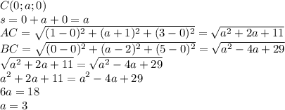 C(0; a; 0)
\\\
s=0+a+0=a
\\\
AC= \sqrt{(1-0)^2+(a+1)^2+(3-0)^2} =\sqrt{a^2+2a+11} 
\\\
BC=\sqrt{(0-0)^2+(a-2)^2+(5-0)^2} =\sqrt{a^2-4a+29} 
\\\
\sqrt{a^2+2a+11} =\sqrt{a^2-4a+29} 
\\\
a^2+2a+11=a^2-4a+29
\\\
6a=18
\\\
a=3