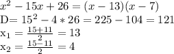x^{2} -15x+26=(x-13)(x-7)

D= 15^{2} -4*26=225-104=121

x_{1} = \frac{15+11}{2} =13

 x_{2}= \frac{15-11}{2}=4
