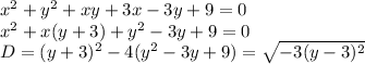 x^2+y^2+xy+3x-3y+9=0\\
x^2+x(y+3)+y^2-3y+9=0\\
D=(y+3)^2-4(y^2-3y+9)=\sqrt{-3(y-3)^2}