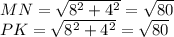 MN=\sqrt{8^2+4^2}=\sqrt{80}\\
 PK=\sqrt{8^2+4^2}=\sqrt{80}\\
