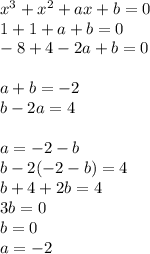 x^3+x^2+ax+b=0\\
1+1+a+b=0\\
-8+4-2a+b=0\\
\\
a+b=-2\\
b-2a=4\\
\\
a=-2-b\\
b-2(-2-b)=4\\
 b+4+2b=4\\
3b=0\\
b=0\\
a=-2