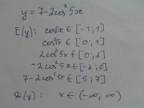 Найдите наименьшее и наибольшее значения функции y=7-2cos^2 5x и её область определения