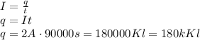 I= \frac{q}{t} 
\\\
q=It
\\\
q=2A\cdot90000s=180000Kl=180kKl