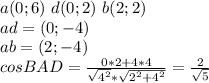 a(0;6)\ d(0;2) \ b(2;2)\\
ad= (0;-4)\\
ab= (2;-4)\\
cosBAD=\frac{ 0*2+4*4}{\sqrt{4^2}*\sqrt{2^2+4^2}} = \frac{2}{\sqrt{5}}