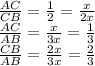 \frac{AC}{CB} = \frac{1}{2} = \frac{x}{2x} 
\\\
 \frac{AC}{AB} = \frac{x}{3x} = \frac{1}{3} 
\\\
\frac{CB}{AB} = \frac{2x}{3x} = \frac{2}{3}