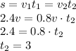 s=v_1t_1=v_2t_2
\\\
2.4v=0.8v\cdot t_2
\\\
2.4=0.8\cdot t_2
\\\
t_2=3