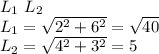 L_{1}\ L_{2}\\
L_{1}=\sqrt{2^2+6^2}=\sqrt{40}\\
L_{2}= \sqrt{4^2+3^2}=5\\
