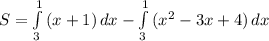 S = \int\limits^1_3 {(x+1)} \, dx- \int\limits^1_3 {(x^2-3x+4)} \, dx