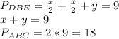 P_{DBE}=\frac{x}{2}+\frac{x}{2}+y=9\\
x+y=9\\
P_{ABC}=2*9=18