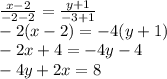 \frac{x-2}{-2-2}=\frac{y+1}{-3+1}\\
-2(x-2)=-4(y+1)\\
-2x+4=-4y-4\\
 -4y+2x=8\\
