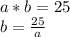 a*b=25\\
b=\frac{25}{a}
