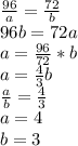\frac{96}{a} = \frac{72}{b}\\
96b=72a\\
a= \frac{96}{72}*b\\
a= \frac{4}{3} b\\
 \frac{a}{b} = \frac{4}{3} \\
a=4\\
b=3