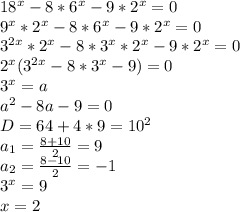 18^x-8*6^x-9*2^x=0\\
9^x*2^x-8*6^x-9*2^x=0\\
3^{2x}*2^x-8*3^x*2^x-9*2^x=0\\
2^x(3^{2x}-8*3^x-9)=0\\
3^x=a\\
a^2-8a-9=0\\
D=64+4*9 = 10^2\\
a_{1}=\frac{8+10}{2}=9\\
a_{2}=\frac{8-10}{2}=-1\\
3^x=9\\
x=2
