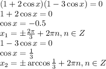 (1+2 \cos x)(1- 3 \cos x)=0
\\\
1+2 \cos x=0
\\\
\cos x=-0.5
\\\
x_1=\pm \frac{2 \pi }{3}+2 \pi n, n\in Z
\\\
 1- 3 \cos x=0
\\\
\cos x= \frac{1}{3} 
\\\
x_2=\pm \arccos \frac{1}{3}+2 \pi n, n\in Z