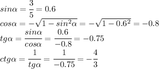 sin \alpha = \cfrac{3}{5} =0.6
\\\
cos \alpha =- \sqrt{1-sin^2 \alpha } =- \sqrt{1-0.6^2 } =-0.8
\\\
tg \alpha = \cfrac{sin \alpha }{cos \alpha } = \cfrac{0.6}{-0.8} =-0.75
\\\
ctg \alpha = \cfrac{1}{tg \alpha }= \cfrac{1}{-0.75} =- \cfrac{4}{3}