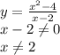 y= \frac{ x^{2} -4}{x-2} \\
x-2 \neq 0\\x \neq 2\\

\\