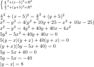 \left \{ {{\frac{x}{2}^2+(x-5)^2=R^2} \atop {\frac{y}{2}^2+(y+5)^2=R^2}} \right. \\
\\
\frac{x}{2}^2+(x-5)^2 = \frac{y}{2}^2+(y+5)^2\\
x^2-y^2=4(y^2+10y+25-x^2+10x-25)\\
 x^2-y^2=4y^2+40y+40x-4x^2\\
 5y^2-5x^2+40y+40x=0\\
 5(y-x)(y+x)+40(y+x)=0\\
 (y+x)(5y-5x+40)=0\\
 5y-5x+40=0\\
 5y-5x=-40\\
 |y-x|=8