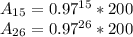 A_{15}=0.97^{15}*200\\
A_{26}=0.97^{26}*200