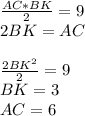 \frac{AC*BK}{2}=9\\
2BK=AC\\ \\
\frac{2BK^2}{2}=9\\
BK=3\\
AC=6
