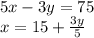 5x-3y=75\\
x=15+\frac{3y}{5}