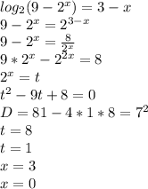 log_{2}(9-2^x)=3-x\\
9-2^x=2^{3-x}\\
9-2^x=\frac{8}{2^x}\\
9*2^x-2^{2x}=8\\
2^x=t\\
t^2-9t+8=0\\
D=81-4*1*8=7^2\\
t=8\\
t=1\\
x=3\\
x=0