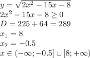 y= \sqrt{ 2x^{2}-15x-8 } 
\\\
2x^{2}-15x-8 \geq 0
\\\
D=225+64=289
\\\
x_1=8
\\\
x_2=-0.5
\\\
x\in(-\infty;-0.5]\cup[8;+\infty)