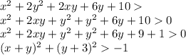 x^2+2y^2+2xy+6y+10\\
x^2+2xy+y^2+y^2+6y+100\\
x^2+2xy+y^2+y^2+6y+9+10\\
(x+y)^2+(y+3)^2-1