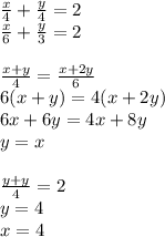 \frac{x}{4}+\frac{y}{4}=2\\
 \frac{x}{6}+\frac{y}{3}=2\\
\\
\frac{x+y}{4}=\frac{x+2y}{6}\\
6(x+y)=4(x+2y)\\
6x+6y=4x+8y\\
y=x\\
\\
\frac{y+y}{4}=2\\
y=4\\
x=4\\