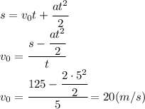 s=v_0t+ \cfrac{at^2}{2} 
\\\
v_0= \cfrac{s- \cfrac{at^2}{2}}{t} 
\\\
v_0= \cfrac{125- \cfrac{2\cdot5^2}{2}}{5} =20(m/s)