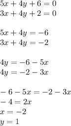 5x+4y+6=0\\
3x+4y+2=0\\
\\
5x+4y=-6\\
3x+4y=-2\\
\\
4y=-6-5x\\
4y=-2-3x\\
\\
-6-5x=-2-3x\\
-4=2x\\
x=-2\\
y=1\\
\\
