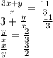 \frac{3x+y}{x}=\frac{11}{3}\\
3+\frac{y}{x}=\frac{11}{3}\\
\frac{y}{x}=\frac{2}{3}\\
\frac{x}{y}=\frac{3}{2}
