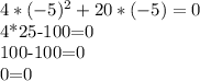 
4*(-5) ^{2}+20*(-5)=0

4*25-100=0

100-100=0

 0=0