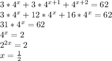 3*4^x+3*4^{x+1}+4^{x+2}=62\\
3*4^x+12*4^x+16*4^x=62\\
31*4^x=62\\
4^x=2\\
2^{2x}=2\\
x=\frac{1}{2}