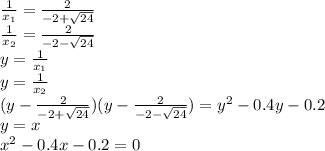 \frac{1}{x_{1}}=\frac{2}{-2+\sqrt{24}}\\ 
\frac{1}{x_{2}}=\frac{2}{-2-\sqrt{24}}\\
y=\frac{1}{x_{1}}\\
y=\frac{1}{x_{2}}\\
(y-\frac{2}{-2+\sqrt{24}})(y-\frac{2}{-2-\sqrt{24}})=y^2-0.4y-0.2\\
y=x\\
x^2-0.4x-0.2=0
