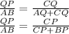 \frac{QP}{AB}=\frac{CQ}{AQ+CQ}\\
\frac{QP}{AB}=\frac{CP}{CP+BP}\\

