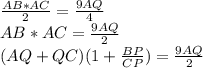 \frac{AB*AC}{2}=\frac{9AQ}{4}\\
AB*AC=\frac{9AQ}{2}\\
(AQ+QC)(1+\frac{BP}{CP})=\frac{9AQ}{2}\\
